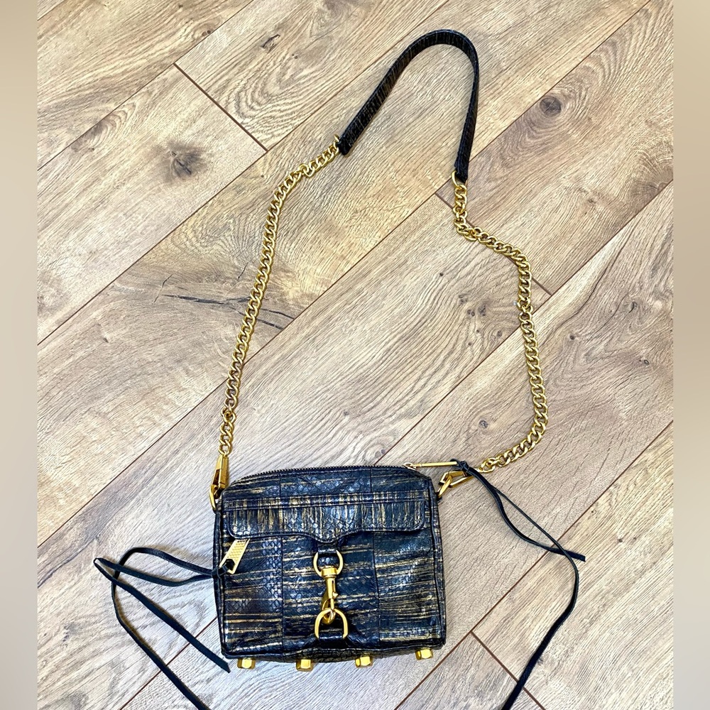 REBECCA MINKOFF Black & Gold Snakeskin Chain Crossbody Purse Bag